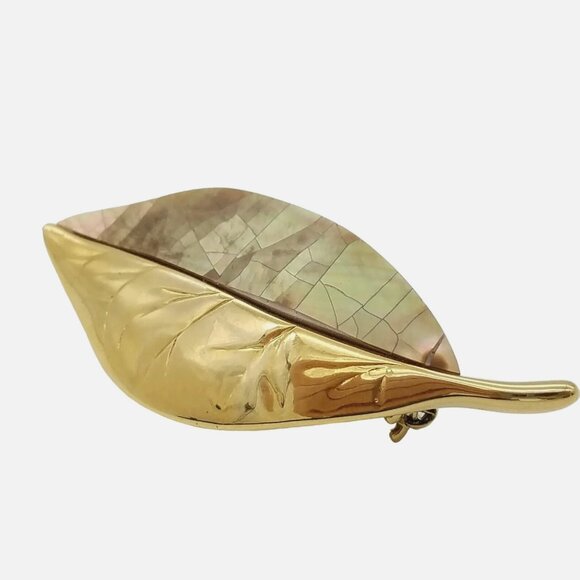 Vintage Signed Liz Claiborne Gold & Brown Pearlized Dual-Textured Leaf Brooc - Picture 3 of 4